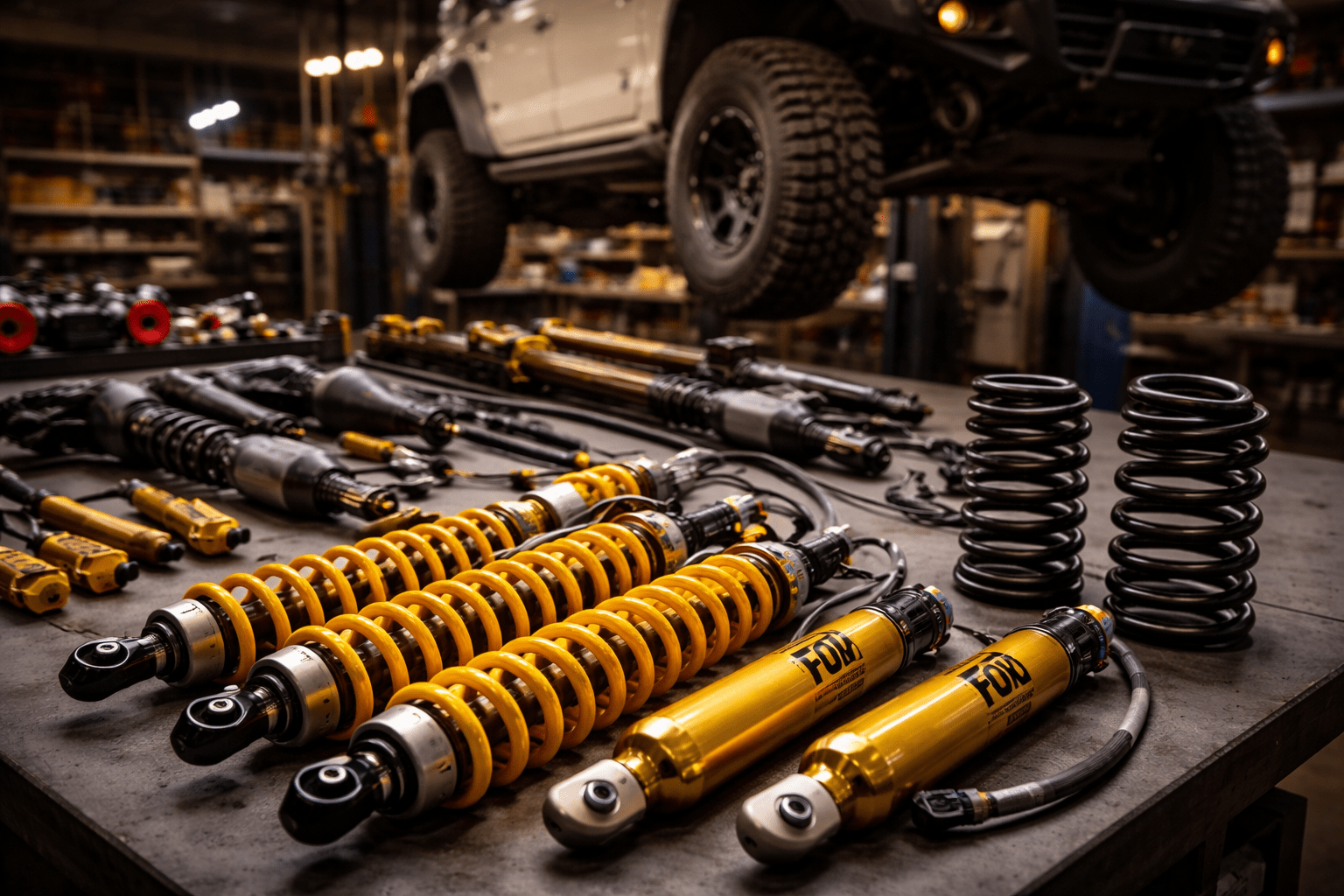 Off-road suspension components including coil over shocks, struts, and springs displayed on a workshop