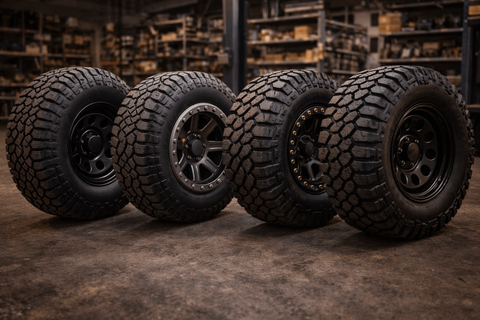 Set of four all-terrain and mud-terrain off-road tires with rugged tread patterns mounted on black and bead lock-style wheels in a workshop