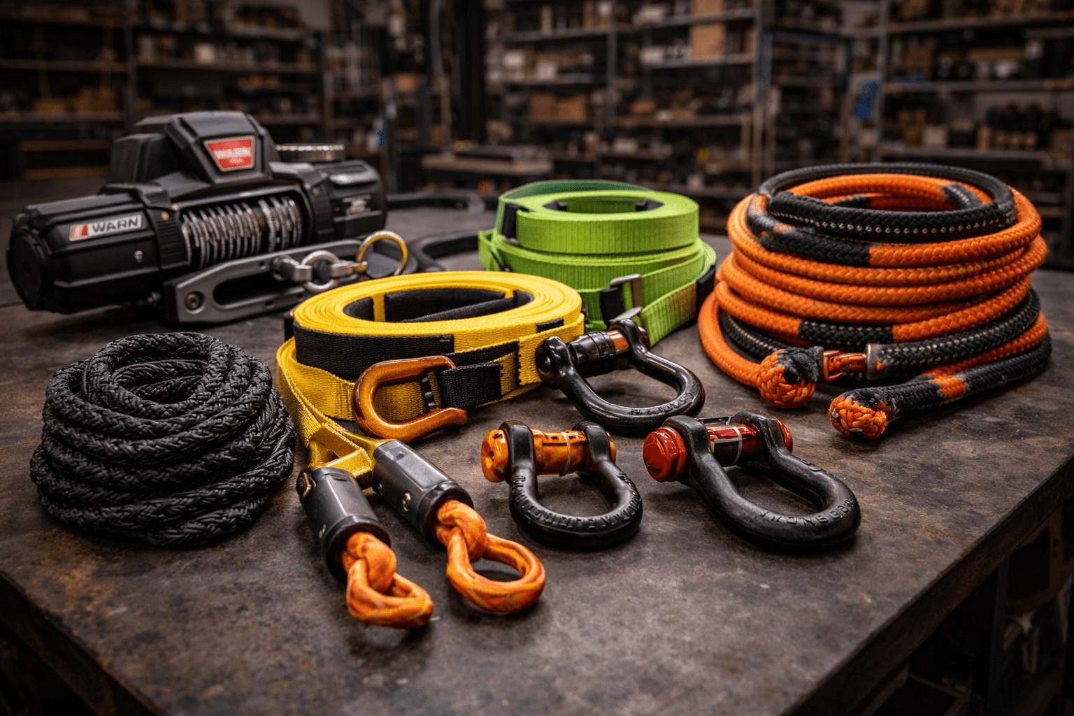 Close-up of off-road recovery gear on a workshop table