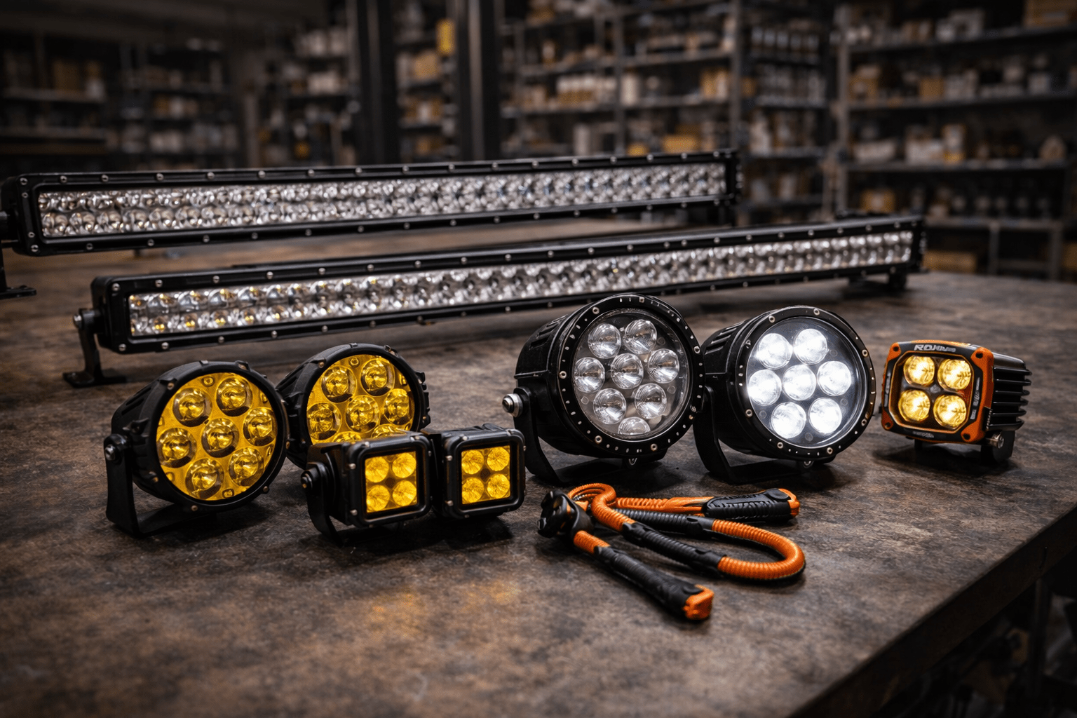 LED light bars and off-road lighting accessories on workbench