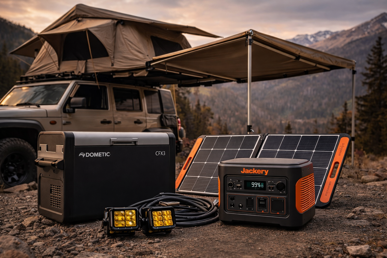 Overland camping setup with rooftop tent and portable power station