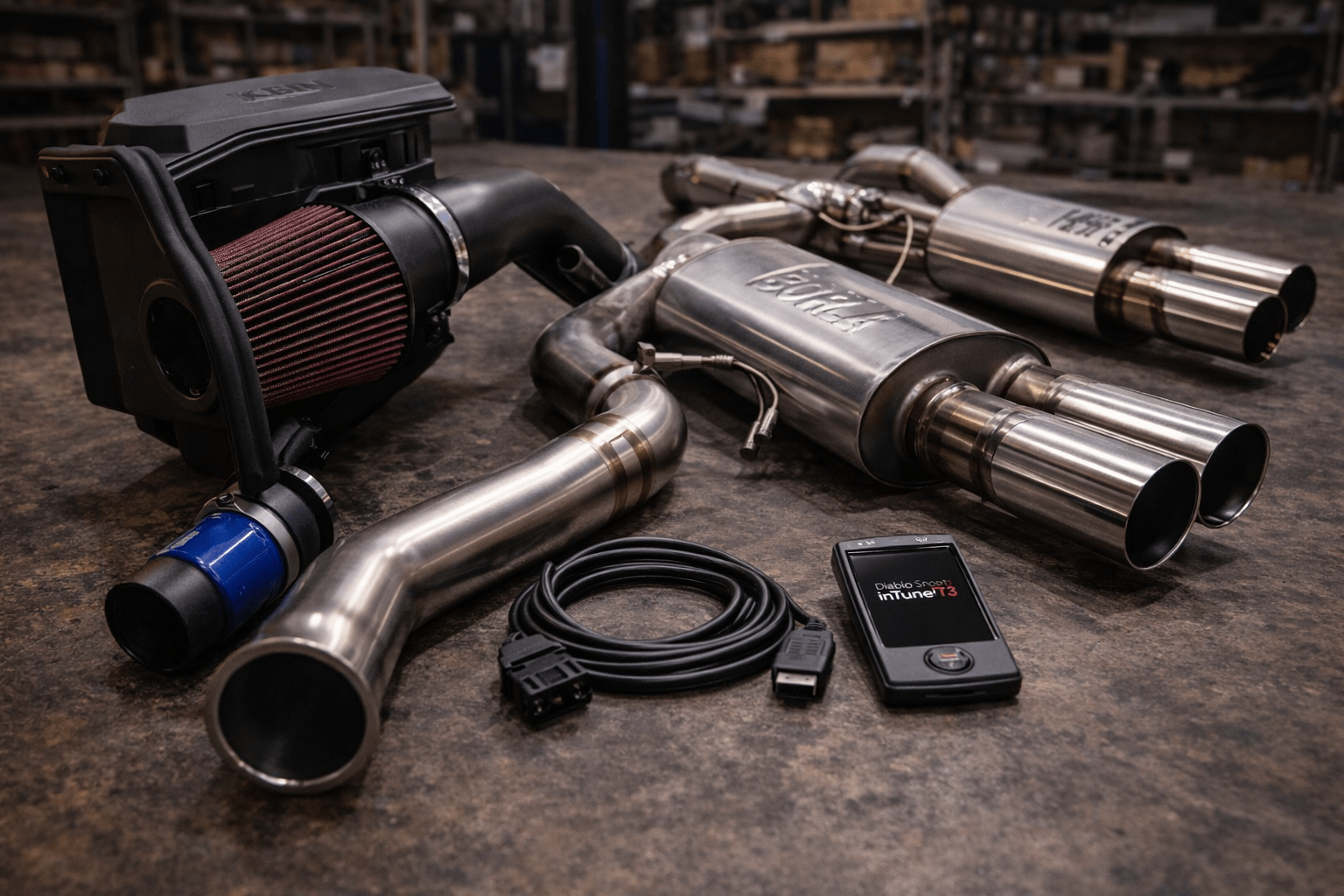 Performance automotive parts including intake and exhaust components
